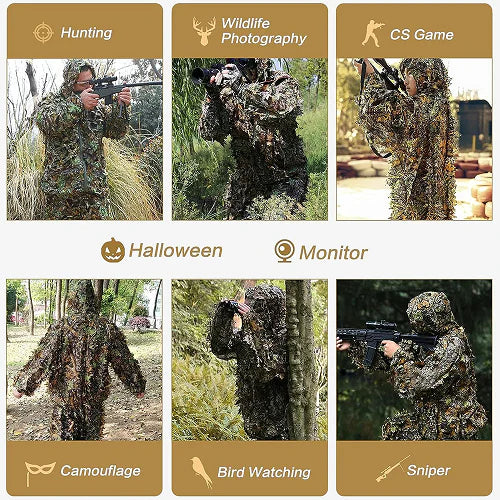 Ghillie Camouflage Camo Suit with 3D leafy design for superior concealment and all-weather performance