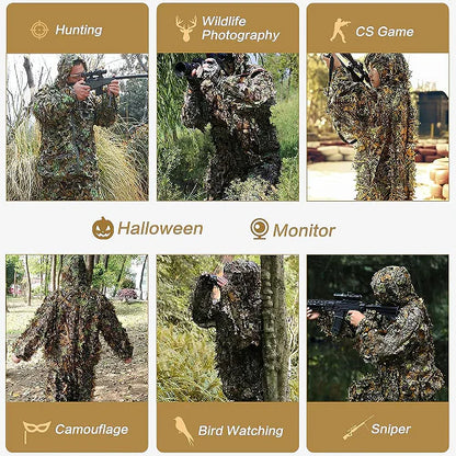 Ghillie Camouflage Camo Suit with 3D leafy design for superior concealment and all-weather performance