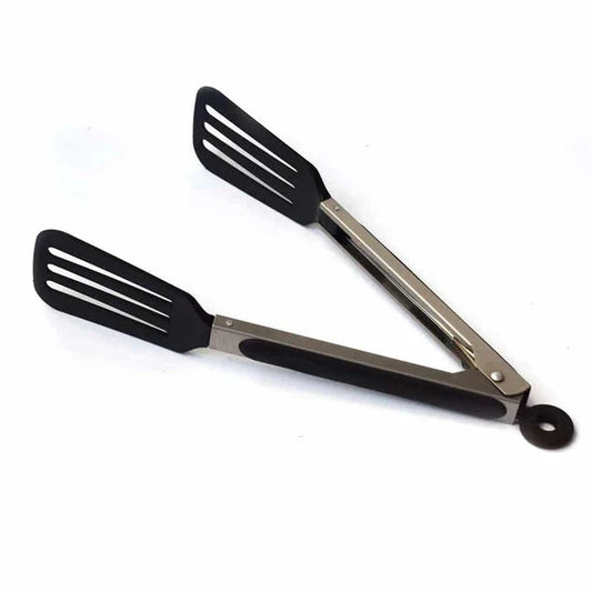 Black stainless steel BBQ tongs with a modern and sleek design, perfect for grilling and outdoor cooking.