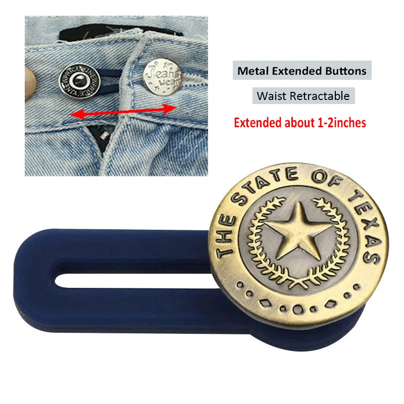 Adjustable metal buttons in various colors for customizing the fit of jeans and pants