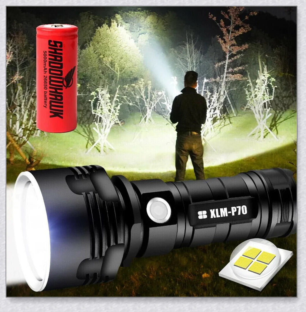 The Shadowhawk Flashlight, a high-powered LED flashlight with a maximum output of 90,000 lumens, providing exceptional illumination for various outdoor and emergency situations.