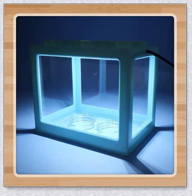 Stackable InspireHOME Mini Block Aquarium with LED lighting, showcasing various color options and configuration possibilities