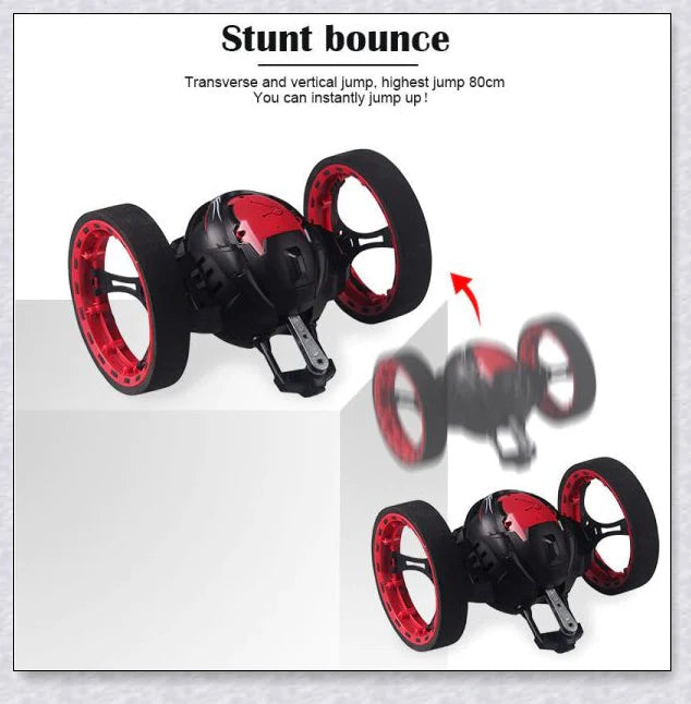 Mini 2.4GHz remote control bounce car in red and white, capable of jumping up to 31.5 inches high and performing stunts like 360-degree spins