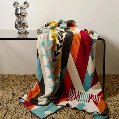 Cozy, colourful bohemian-style knitted cotton blanket perfect for home décor and outdoor use