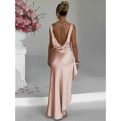 Elegant satin backless maxi dress with a V-neck and sleeveless design, perfect for formal events in New Zealand.