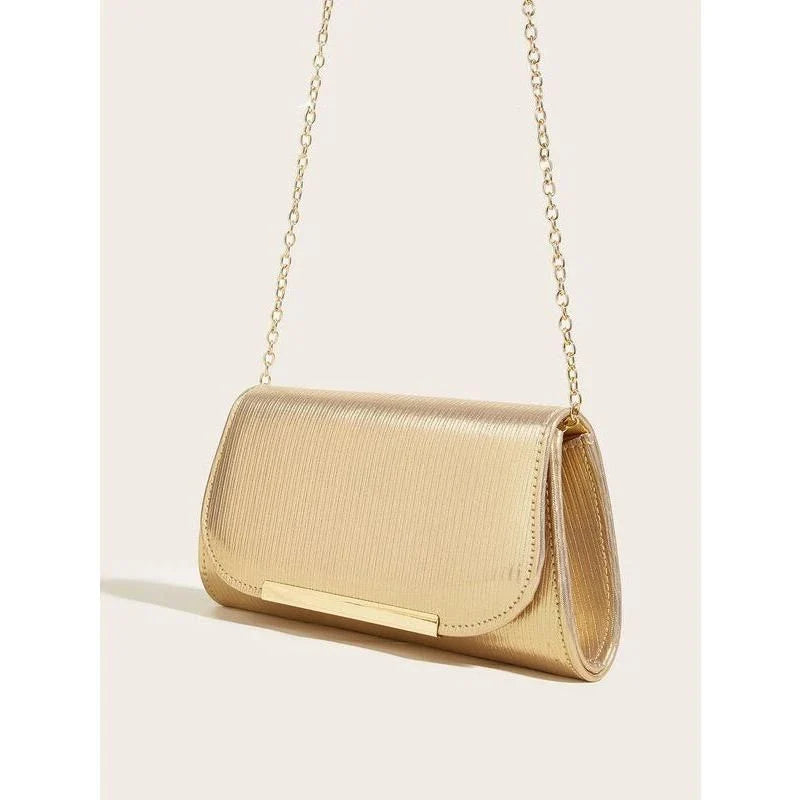 Elegant gold-colored striped PU leather clutch with detachable chain, perfect for Kiwi events and occasions