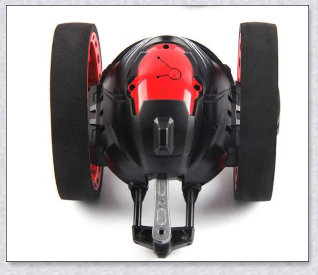 Mini 2.4GHz remote control bounce car in red and white, capable of jumping up to 31.5 inches high and performing stunts like 360-degree spins