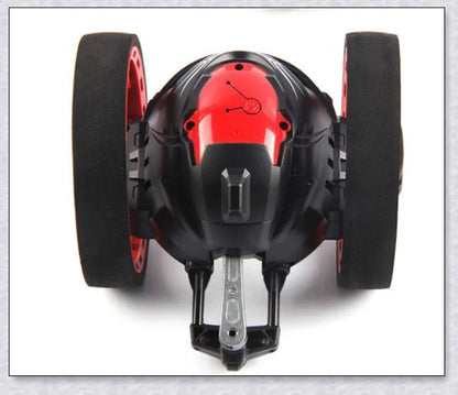 Mini 2.4GHz remote control bounce car in red and white, capable of jumping up to 31.5 inches high and performing stunts like 360-degree spins