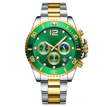 Stylish steel band watch with six needles, featuring a sleek design, night light, calendar, and water resistance up to 30 metres.