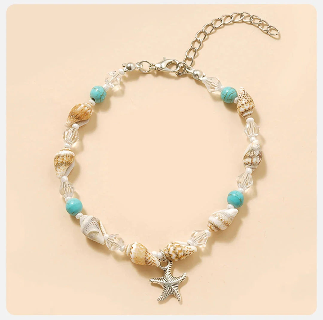 Charming starfish and green stone beaded anklet, a stylish and eco-friendly accessory for New Zealand beach lovers