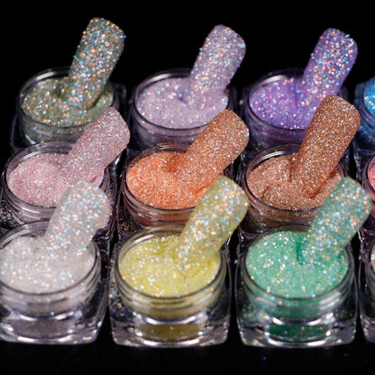 Trendha's 12-Box Iridescent Sugar Nail Glitter Powder Set featuring a collection of vibrant, candy-colored glitter powders