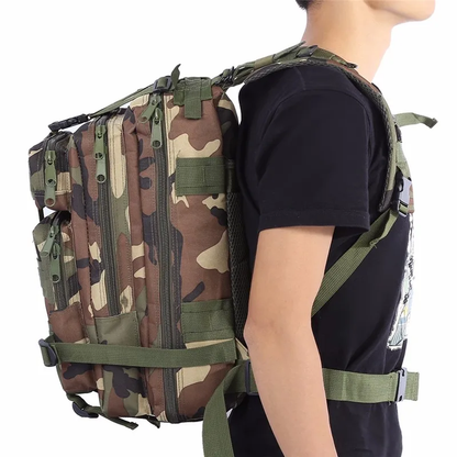 Army-inspired travel backpack with 8 camouflage patterns, featuring a spacious main compartment, adjustable straps, and breathable mesh back panel