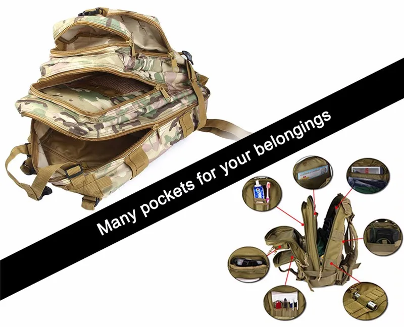 Army-inspired travel backpack with 8 camouflage patterns, featuring a spacious main compartment, adjustable straps, and breathable mesh back panel