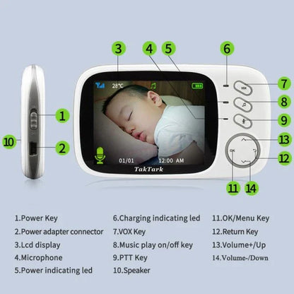 A compact, white digital baby monitor with a 3.2-inch screen, offering features like two-way intercom, temperature monitoring, and automatic night vision.