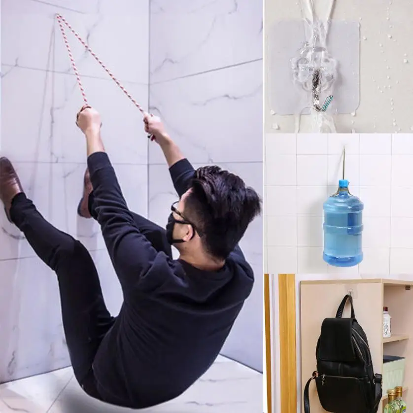 A set of 12 transparent wall hangers that can hold a variety of household items in the bathroom, kitchen, and other rooms