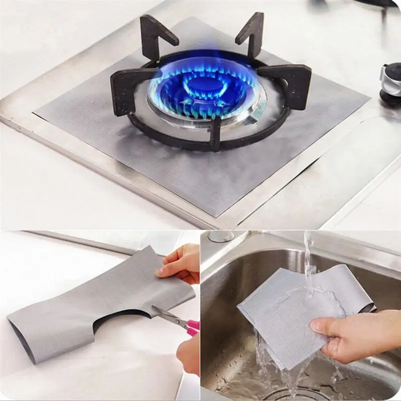 Four reusable, adjustable silicone stove top protective covers in silver and black colours