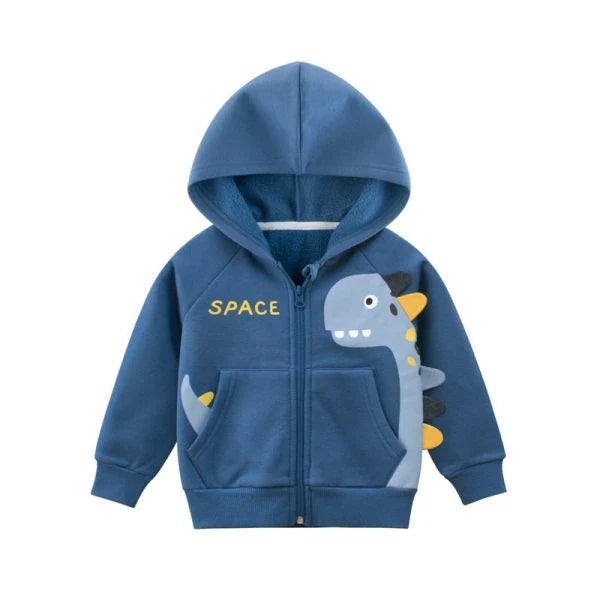 A boy's hooded jacket with a vibrant dinosaur print, designed for active New Zealand kids to stay warm and comfortable.