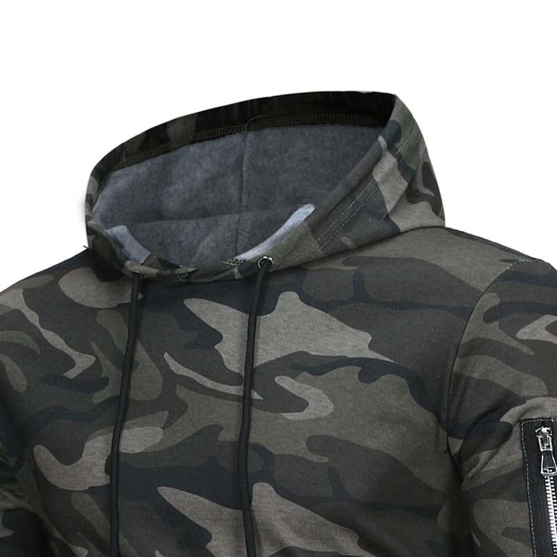 Delta 433 Tactical Camo Hoodie in green and gray colors, featuring a zipped side pocket, drawstring hood, and reinforced construction for durable Kiwi style and performance.