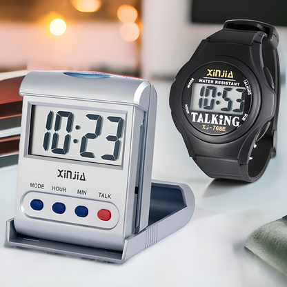 Talking Digital Alarm Clock and Wristwatch Set with voice-enabled time-telling, backlit display, and waterproof design for inclusive timekeeping