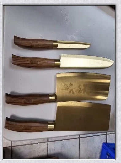 Titangold Designer Titanium Kitchen Knife Set with premium stainless steel blades and innovative titanium coating for enhanced corrosion resistance and durability.