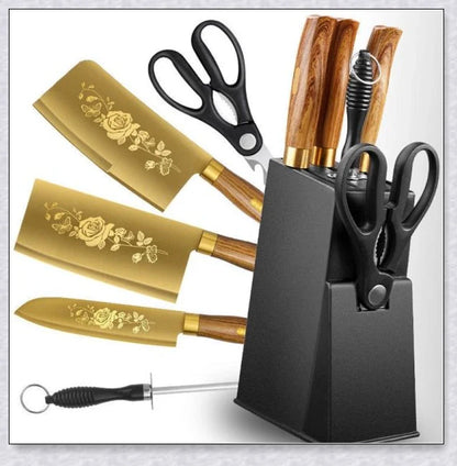 Titangold Designer Titanium Kitchen Knife Set with premium stainless steel blades and innovative titanium coating for enhanced corrosion resistance and durability.