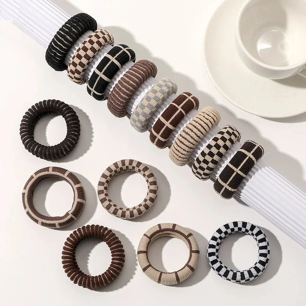 Stylish knitted lattice hair scrunchies in a black and white striped pattern, perfect for Kiwi women's hair accessories