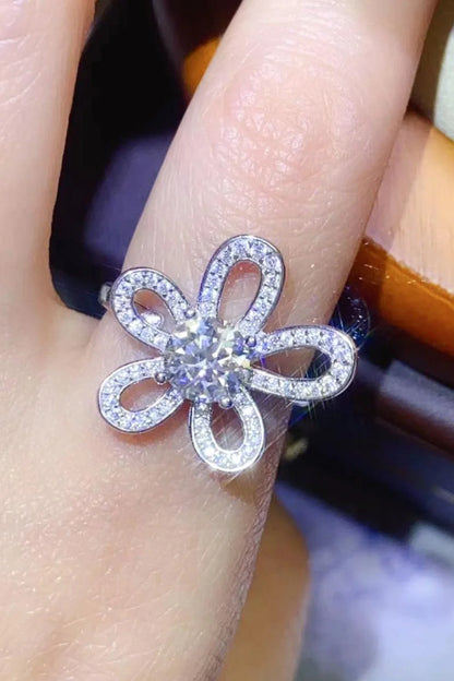 Moissanite flower-shaped open ring with 1 carat center stone and platinum plating