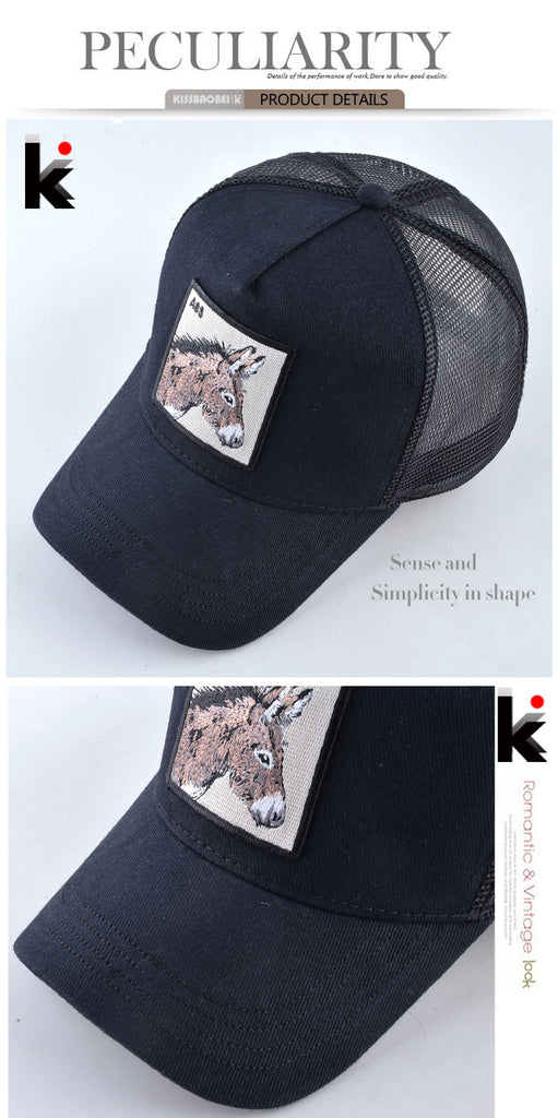 Stylish animal-inspired mesh trucker caps in a variety of designs, including donkeys, roosters, horses, owls, and more