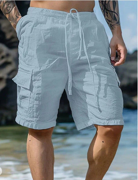 Cotton linen shorts with drawstring elastic waist and straight leg, available in various colors for casual summer style