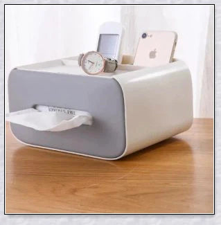 Stylish Scandi-inspired tissue box organizer with storage compartment for remote controls, makeup, and other small items, perfect for Kiwi desks and living spaces.