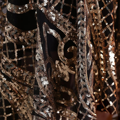 Sophisticated V-neck evening dress in white, black, and gold colours for formal events and parties in New Zealand