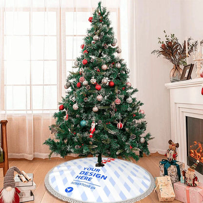 Christmas tree apron with fringed edge and single-sided print, made of durable polyester fabric with water-repellent bottom layer to protect floors.