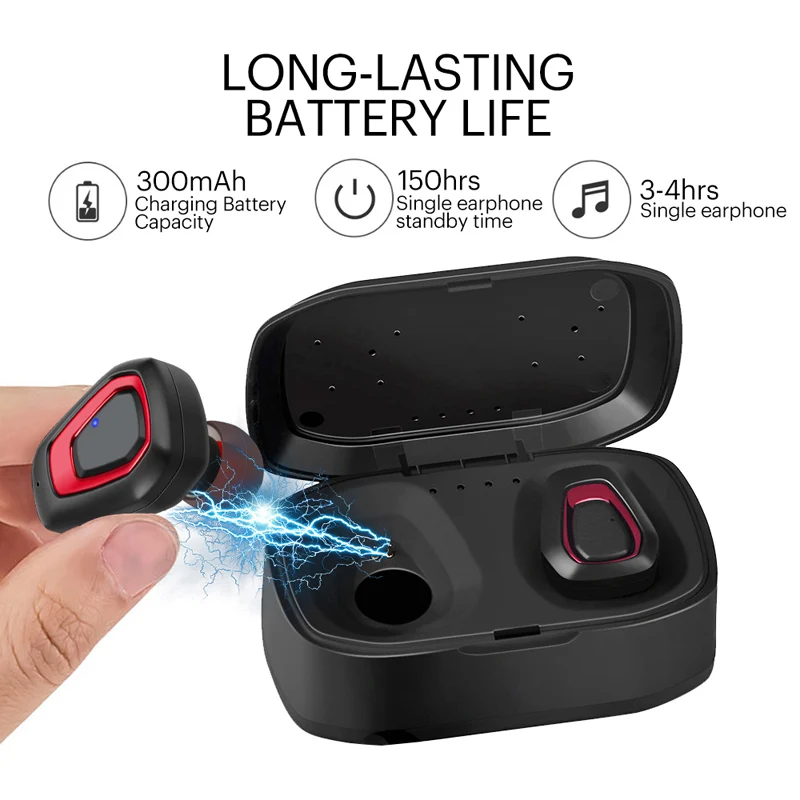 A7 Wireless Bluetooth Stereo Earbuds in black, red, and silver colors with charging case