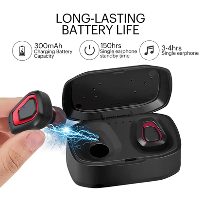 A7 Wireless Bluetooth Stereo Earbuds in black, red, and silver colors with charging case