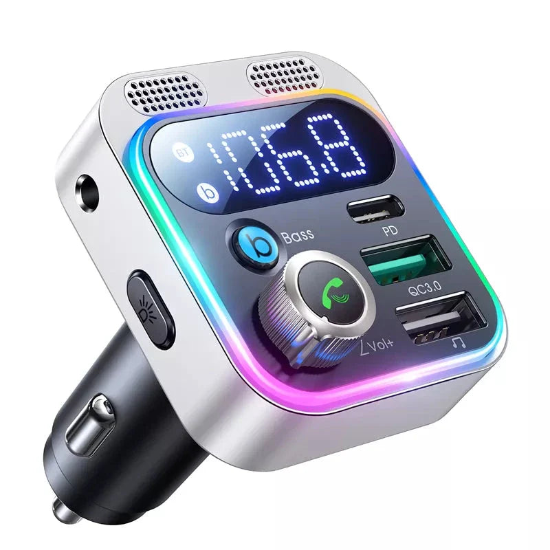 Bluetooth 5.3 FM Transmitter with Dual Mics, Booming Bass, and Fast Charging for Enhanced Driving Experience