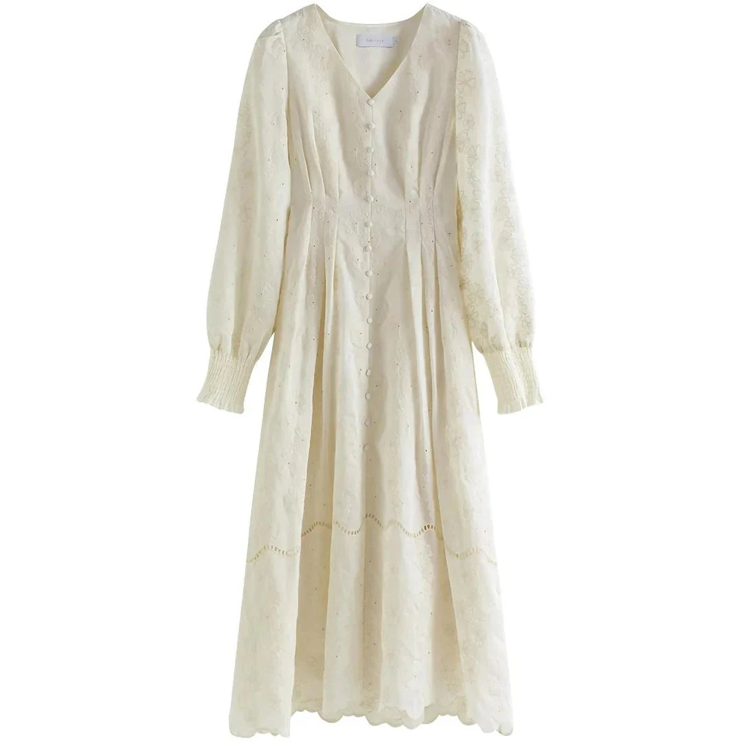 A long-sleeved jacquard dress in beige with a vintage-inspired, romantic design and a comfortable, flattering fit.