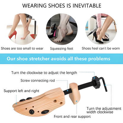 Adjustable wooden shoe stretcher expanding a pair of shoes, made with high-quality New Zealand timber