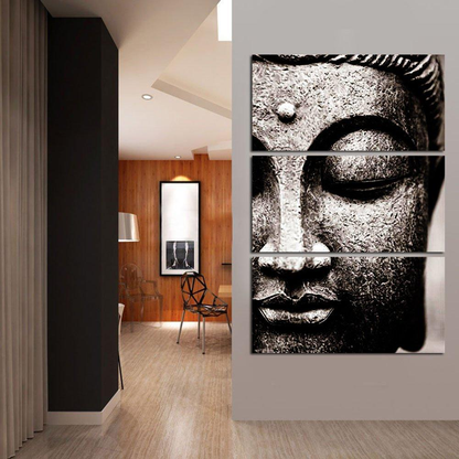 Serene 3-panel Buddha canvas wall art with a detailed, monochrome image of the Buddha's face