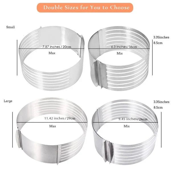 An adjustable stainless steel cake slicer with a ring that can be expanded or shrunk to fit cakes of different sizes, up to 12 inches in diameter.