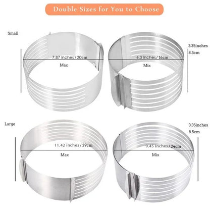 An adjustable stainless steel cake slicer with a ring that can be expanded or shrunk to fit cakes of different sizes, up to 12 inches in diameter.