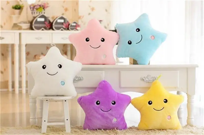 Soft, glowing plush pillow in the shape of a star, perfect for cuddling and providing a soothing nightlight for Kiwi kids