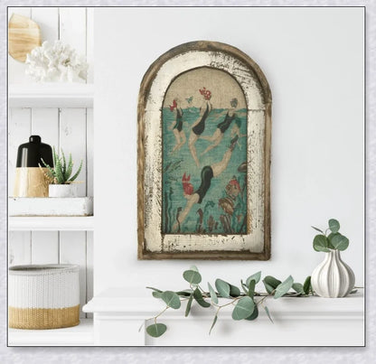 Charming swimming wall art featuring a serene coastal scene, perfect for adding a touch of Kiwi charm to your bathroom or living space