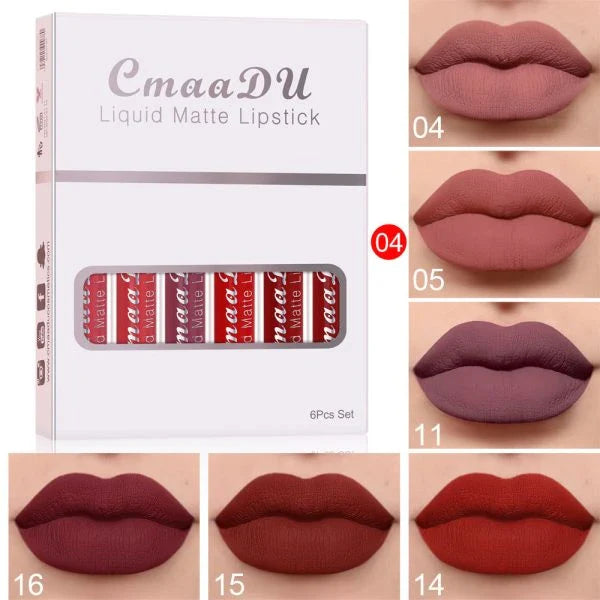 6 boxes of waterproof matte lipstick and long-lasting lip gloss in a variety of shades, including nude, red, pink, coral, berry, and plum