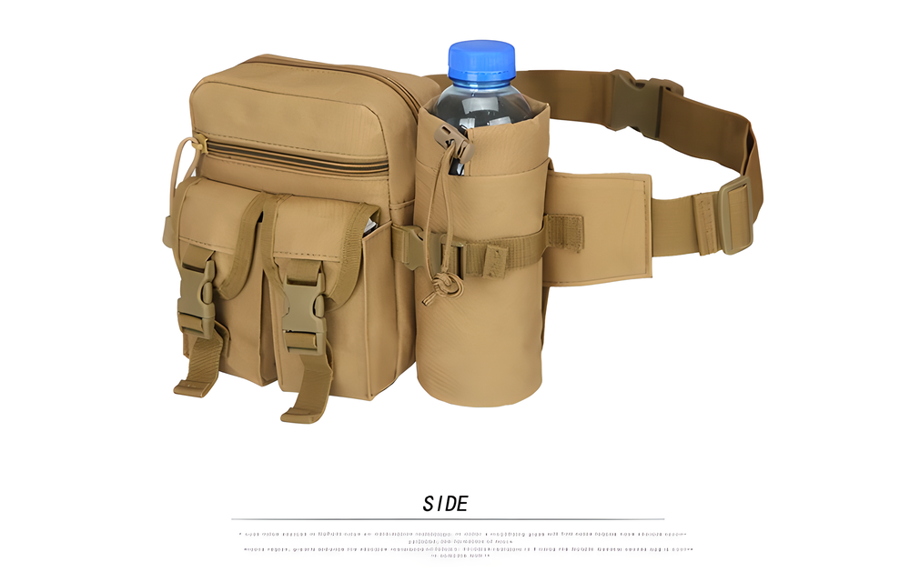 Tactical Water Bottle Waist Belt Pouch in various colours, including black, army green, and digital camo patterns, designed for active outdoor use in New Zealand.