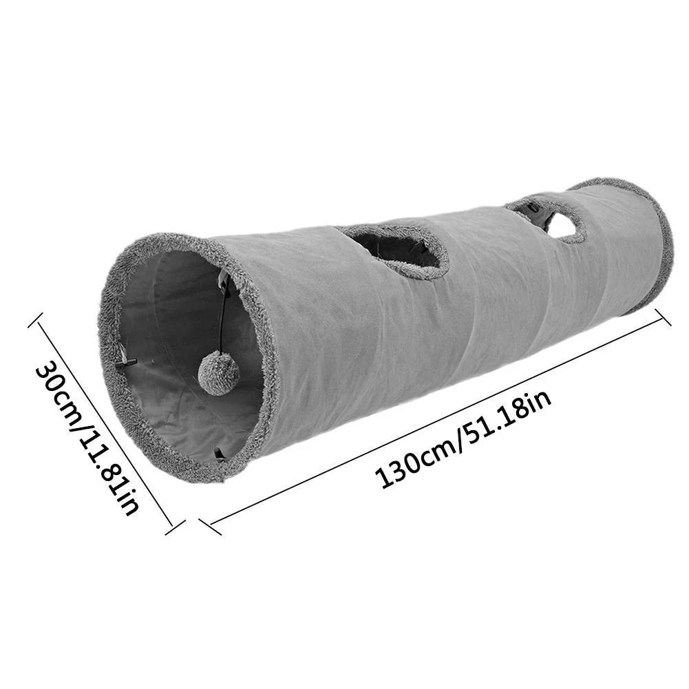 A collapsible cat tunnel toy made of polyester and velvet, providing a cozy hideaway for your curious feline friend.