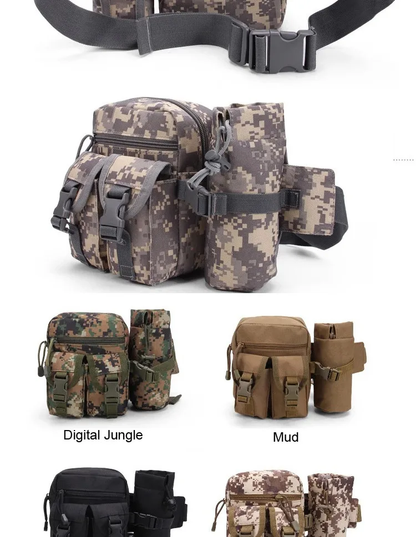 Tactical Water Bottle Waist Belt Pouch in various colours, including black, army green, and digital camo patterns, designed for active outdoor use in New Zealand.