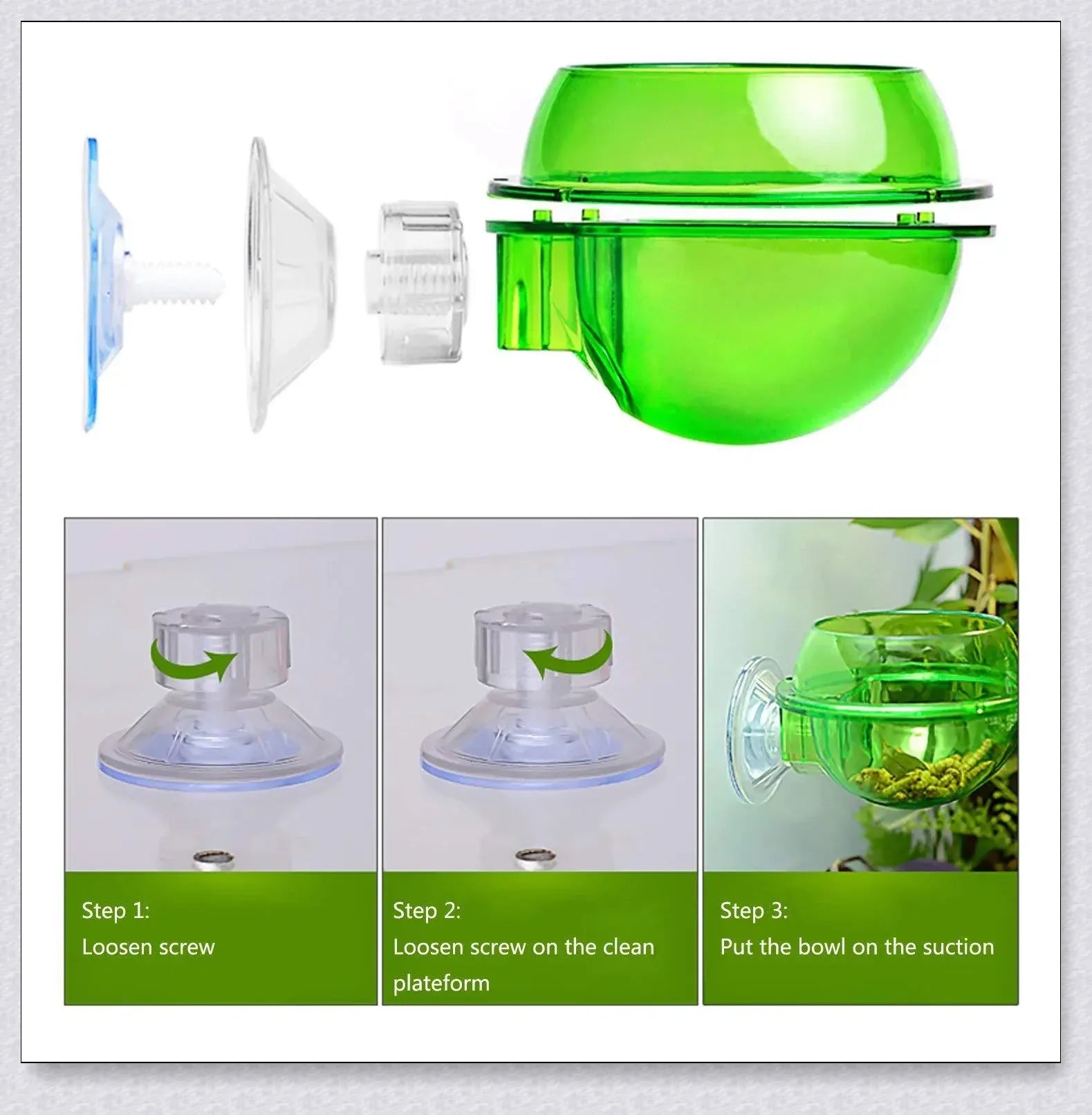 Versatile Chameleon Feeding System with suction cups, soft pad, and hard cover for secure attachment to glass enclosures