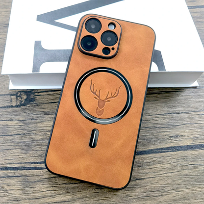 Luxury PU Leather iPhone Case with Deer Emblem Design, Magsafe Wireless Charging Compatibility, and Full-Coverage Protection