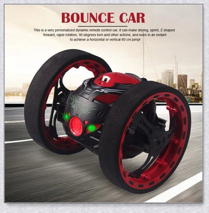 Mini 2.4GHz remote control bounce car in red and white, capable of jumping up to 31.5 inches high and performing stunts like 360-degree spins