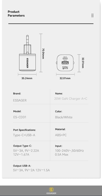 Essager 20W GaN Dual Port Fast Charger - Powerful and Compact Charging Solution for Kiwi Lifestyles